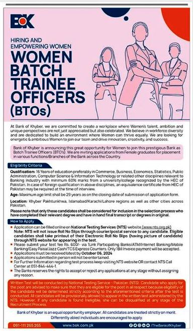 Bank of Khyber Hiring Women Batch Trainee Officers (BTOs) - Apply Now